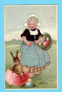 EASTER GIRL RABBIT AND EGG VINTAGE POSTCARD USED 530 - Picture 1 of 2
