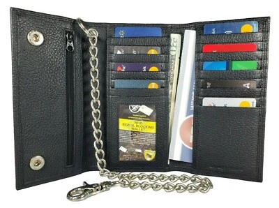 Black Leather Trifold Chain Motorcycle Biker Trucker Long Wallet With Belt Hook - Image 1 of 4