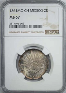 1861-Mo CH Mexico 2R Reales NGC MS67 - Picture 1 of 5