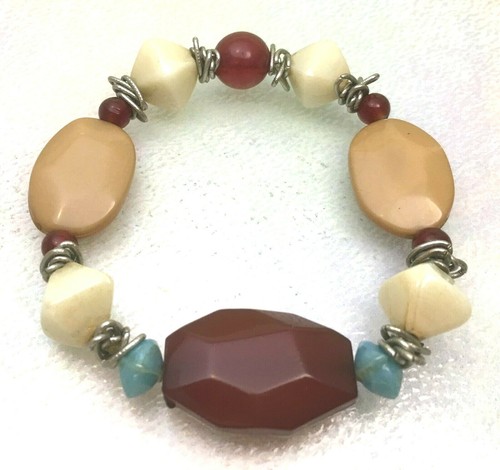 OFF WHITE BRACCIALE MARRONE BEIGE BIANCO GRANDI PERLINE ELASTICIZZATO VINTAGE