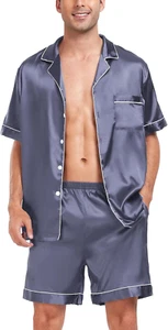 Men's Satin Silk Short Sleeve Pajama Set with Pockets - Two-Piece Loungewear - Picture 1 of 12