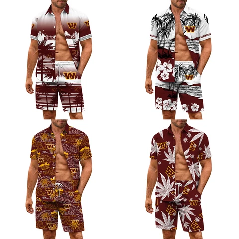 Washington Commanders Mens 2Pcs Hawaiian Outfits Short Sleeve Summer Beach Suits Cover