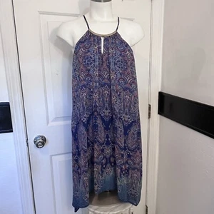 Love Reign Womens XL Blue Halter Swing Dress Slit Neck Spaghetti Flowy Boho - Picture 1 of 16