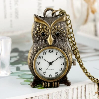 Vintage Steampunk Owl Quartz Pocket Watch Fob Sweater Chain Arabic Numerals Dial - Photo 1/4