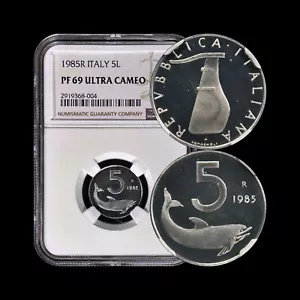 ITALY. 1985, 5 Lire - NGC PF69 - Top Pop 🥇 Rudder, Dolphin, Proof - Picture 1 of 7