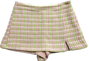 Pantaloncini eleganti Zara taglia small rosa e verde tweed patta sul davanti zip laterale nuovi con etichette - Foto 1 di 6
