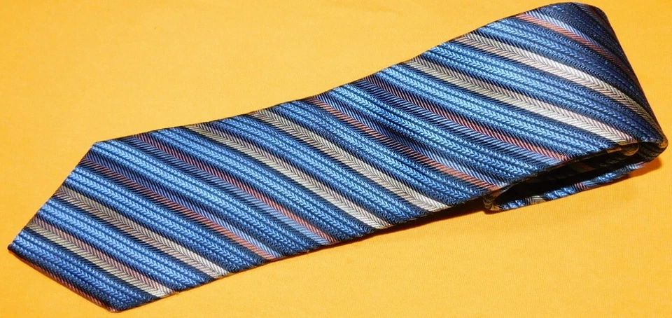 XMI PLATINUM MADE IN U.S.A. BLUE/ORANGE/YELLOW STRIPED TIE - DESIGNER TIES. - Image 1 of 3