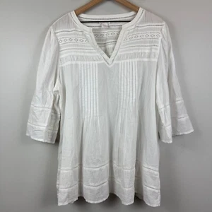 Shabby Chic Top Women 1X White Eyelet Pleated Bell Sleeve Coquette Blouse Boho - Picture 1 of 9