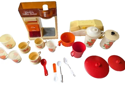 Vintage Toy Coffee Maker Battery Dishes Phone Accessories 20 Pc Lot Kitchen Play - Image 1 of 4