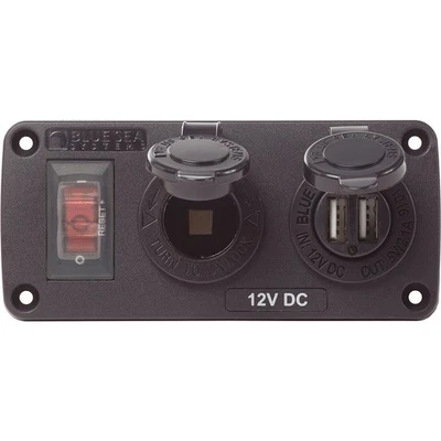 Blue Sea 4363 Water Resi Panel 15A Circuit Breaker 12V Socket 2.1A USB Charger - Image 1 of 4