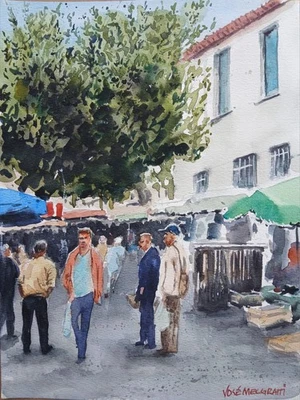 Pintura Acuarela Original "Mercado de San Girons, Francia" 9" X 12"  Foto 1 de 4