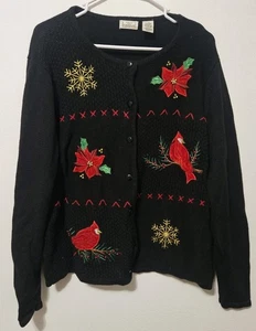 Classic Elements Woman Lg Black Cardinal  Sweater Cardigan UglyChristmas Winter - Picture 1 of 5