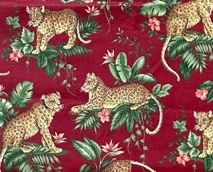 Vintage Leopardenstoff Großkatzen großer Druck auf roter Baumwolle VIP Cranston 52 Zoll Lx 45 Zoll B - Bild 1 von 9