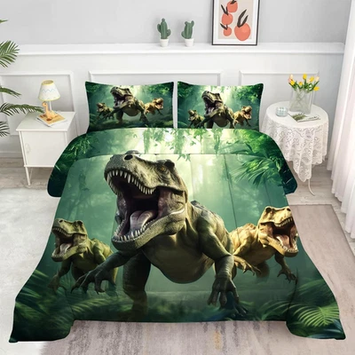 Kids Dino Comforter Set Twin Size for Boys Green Dinosaur Quilt Set Soft Microfi - Image 1 of 4