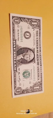 One Dollar Bill Year 2006 Fancy Serial  J 6262222c  Binary - Image 1 of 4