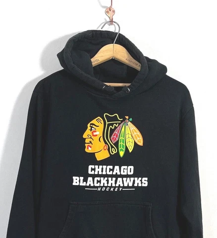 VINTAGE Chicago Blackhawks Hoodie Mens M Fanatics NHL Logo Black Sweatshirt Cover
