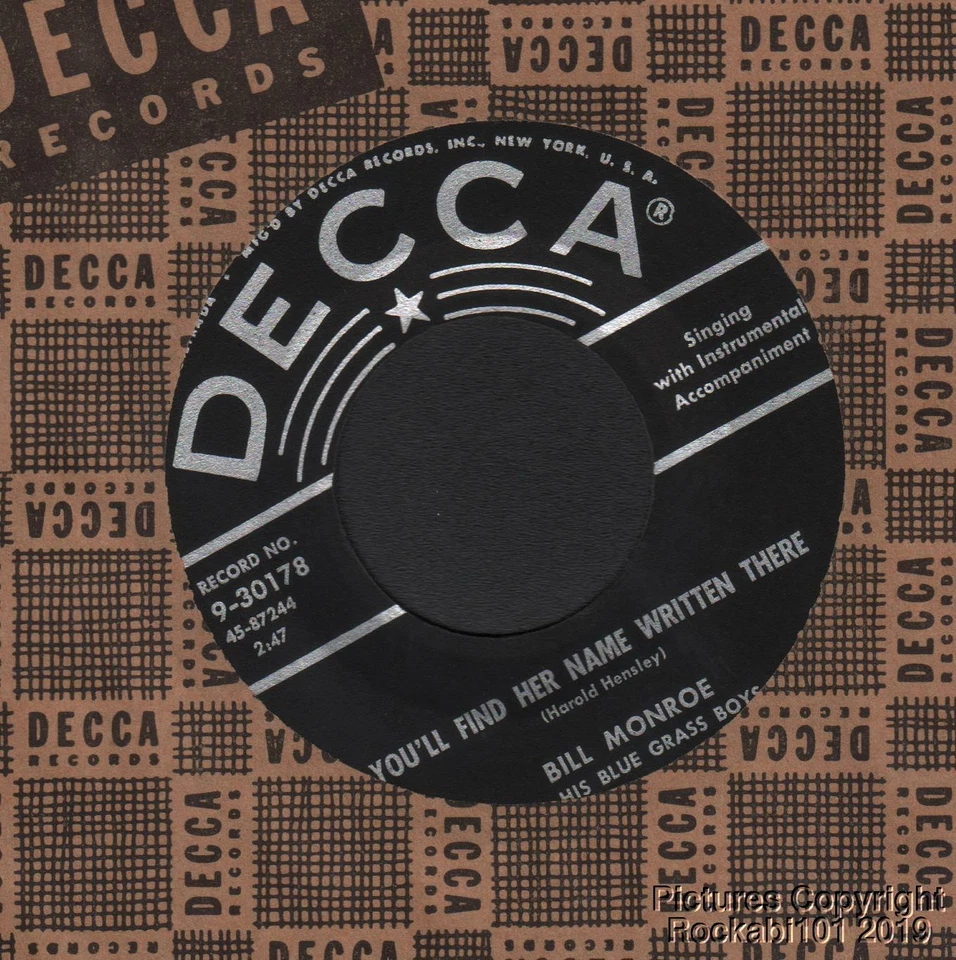 Hear 1956 Bill Monroe Bluegrass 45 (You'll Find Her Name Written There / Sittin - Image 1 of 1