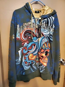 CHRISTIAN AUDIGIER ZIP HOODIE JACKET MENS XL EXTRA LARGE OLIVE RHINESTONE SKULL - Picture 1 of 11