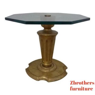 vintage French regency gold glass top lamp end table pedestal stand hollywood - Image 1 of 4