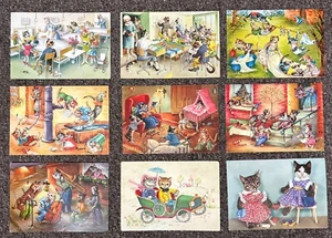 Lotto di 9 CARTOLINE GATTO VESTITO~Gatti nelle attività umane~Disegnate da artisti~PAESI BASSI - Foto 1 di 11