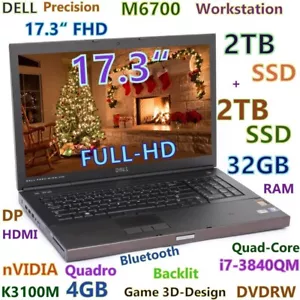Workstation DELL M6700 17.3" i7-Quad 4TB SSD (2x2TB) 32GB DVDRW Quadro K3100M 4G - Picture 1 of 13