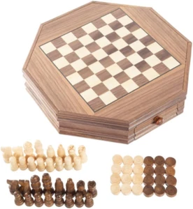 Octagonal Chess Set - Wooden Chessboard with 2 Storage Drawers and Carved Staunt - Picture 1 of 12