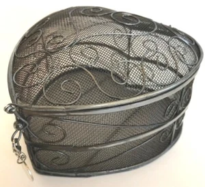 Metal heart trinket vanity box silver mesh swirls engravable 5"x5"x3" gift  - Picture 1 of 6