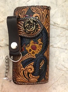 Cartera Tallada Dragón Hecha a Mano Cartera Vaquera Para Hombres Doble Cartera Cadena Regalo 103 - Imagen 1 de 2