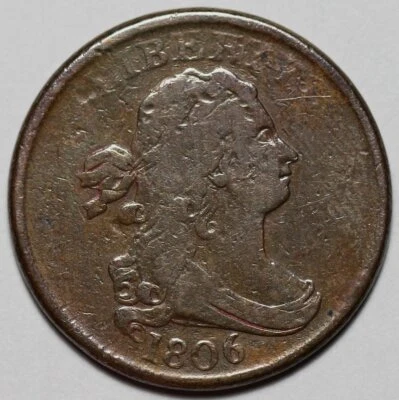 1806 Draped Bust Half Cent - Small 6/Stemless - Rotated Die - 1/2c Copper Coin - Image 1 of 4