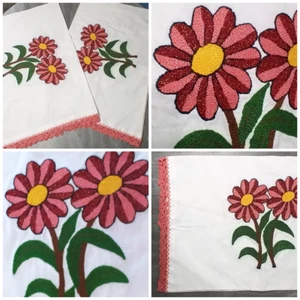 Vtg Pillowcase Set Hand-stitched Embroidered Needle Punch Flowers red pink New - Picture 1 of 12