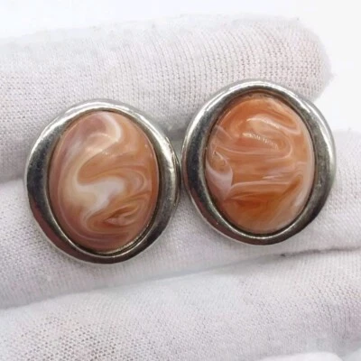 Pendientes perforados de mármol naranja redondo cabujón de resina dura tono plata * Foto 1 de 4