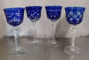 Cobalt Blue Cut To Clear Crystal Water Goblet Set Of 4 Assorted Patterns - Picture 1 of 13