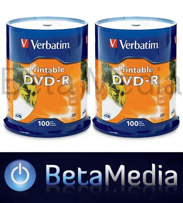 200 x Verbatim blank DVD-R 16x 4.7GB - White Inkjet Printable DVD Discs - Image 1 of 3