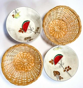 Royal Sealy Jamaica Bowls with Wicker Basket Holders Set of 2 Vintage - Picture 1 of 12