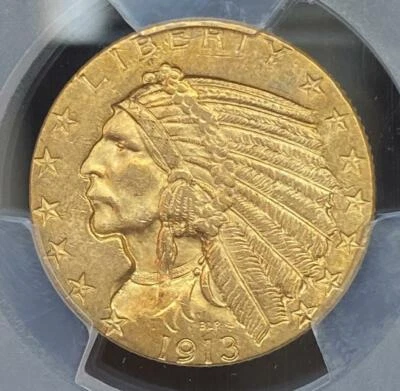 Medio águila cabeza india 1913 oro $5 graduación profesional MS62 escudo Foto 1 de 2
