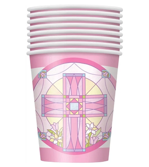 RELIGIOUS Sacred Cross Pink Cups (8) ~ Birthday, Baptism, Communion Party New - Image 1 of 1
