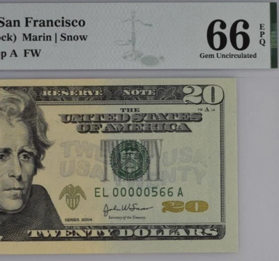 2004 $20 Federal Reserve Note PMG 66EPQ wanted popular low serial number 566 - Image 1 of 3