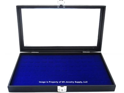 Key Lock Locking Glass Top Lid 72 Ring Blue Jewelry Display Box Storage Case - Image 1 of 3