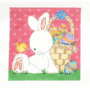 Simply Shelly CBK White Easter Bunny and Basket Handpainted Needlepoint Canvas - Picture 1 of 1
