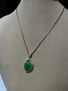 Sterling Silber Jade und CZ Pave Oval Anhänger 15" Halskette - Bild 1 von 6