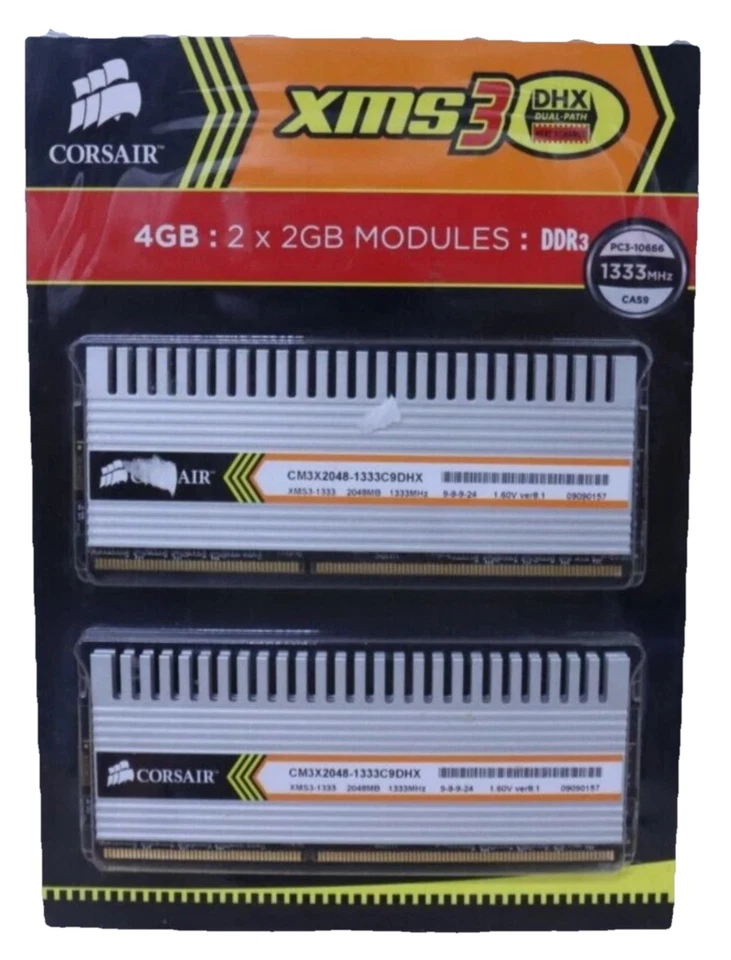 New NOS 4GB 2x2GB PC3-10666 CORSAIR CM3X2048-1333C9DHX DDR3 RAM Kit Modules CAS9 - Image 1 of 1