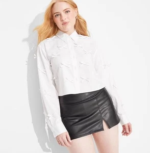 Wild Fable Damen Langarm Cropped Bow Button-Down Shirt in Weiß Größe Small - Bild 1 von 6