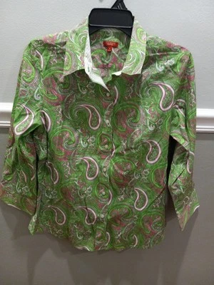 TALBOTS MUJER TALLA 8 BLUSA TOP VERDE PAISLEY DISEÑO ARTÍSTICO ELEGANTE CAMISA DE VESTIR Foto 1 de 4