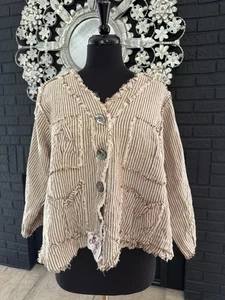 Womens Magnolia Pearl "Love" Line 100% Linen Striped Ruffled Jacket OS - Picture 1 of 6