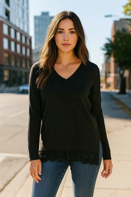 Suéter Michael Kors Talla 1X Tejido Negro Puño Acanalado Cuello Encaje Dobladillo Ligero Foto 1 de 4