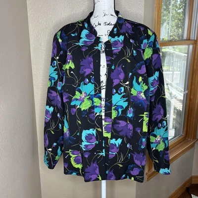 Blazer Maggie Barnes Mujer 2X 22/24W Negro Floral Frente Abierto Forrado Talla Grande Foto 1 de 4