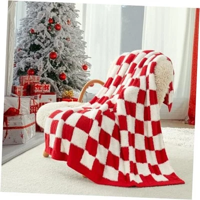  Red Checkered Christmas Blanket, Fluffy Faux Fur Throw(50"x60") Red White - Image 1 of 4