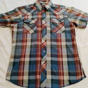 Wrangler Western Shirts Plaid Short Sleeve Pearl Snap Buttons Shirt Men's Medium - Picture 1 of 11