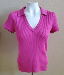 Womens DKNY Jeans V-Neck Short Sleeved Ribbed Polo Sweater Size Sm Med Pink NWT - Picture 1 of 1