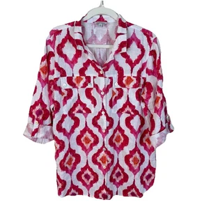 John Mark Ikat Print Blouse Size M Linen Blend Button-Up Roll-Tab Pink Orange - Picture 1 of 9